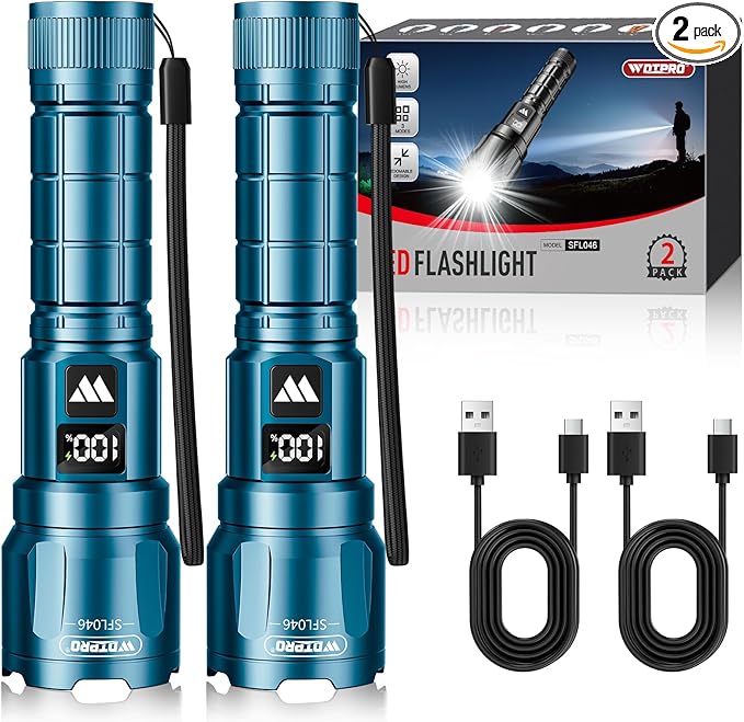 WdtPro LED Rechargeable Flashlight 2 Pack, Super Bright Zoomable 6000 Lumens Tactical Flashlight with LCD Digital Display, 3 Mode Waterproof Flash Light for Camping, Hunting & Home Emergency - Blue