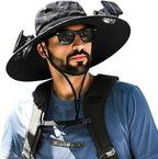 Outdoor Wide Brim Sun Hat with 2 Solar Fan for Men Women UPF50+ Outdoor Hiking Sun Protection Bucket Fishing&Cycling Hat