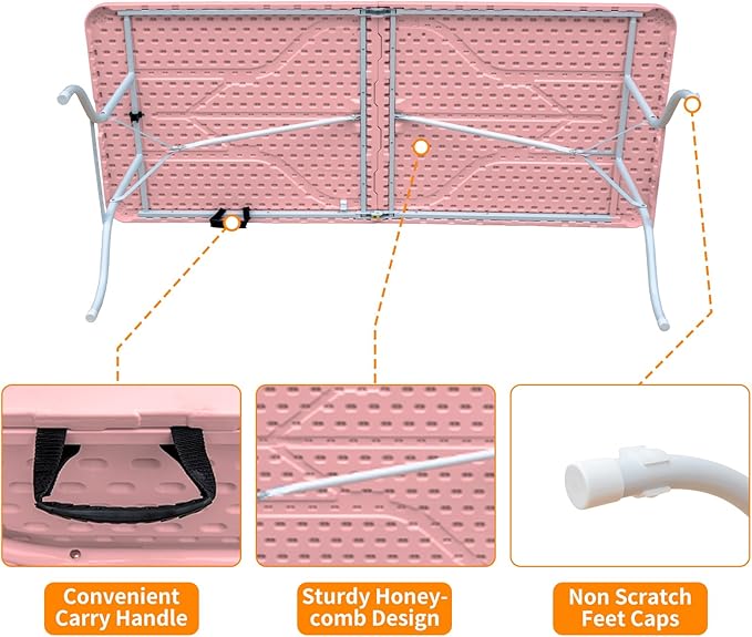 6 FT Folding Table with Carry Handle, Portable Fold-in-Half Plastic Table, Rectangle Foldable Table for Indoor/Outdoor Pink