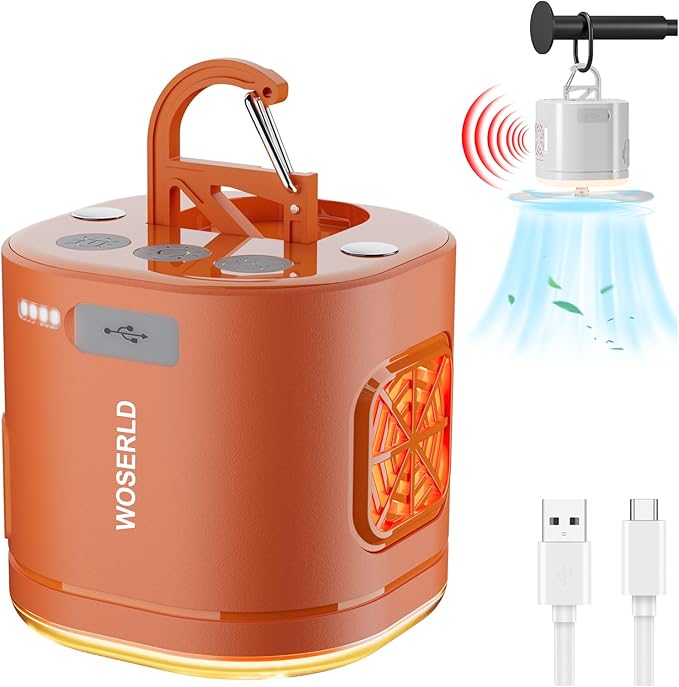 Portable Camping Light Camping Fan & Ultrasonic 3-in-1 Tent Lights USB Rechargeable 1200mAh Battery Outdoor LED Light & SOS Light ,with Hook Magnet Suitable for Indoor Outdoor Hiking (Orange)