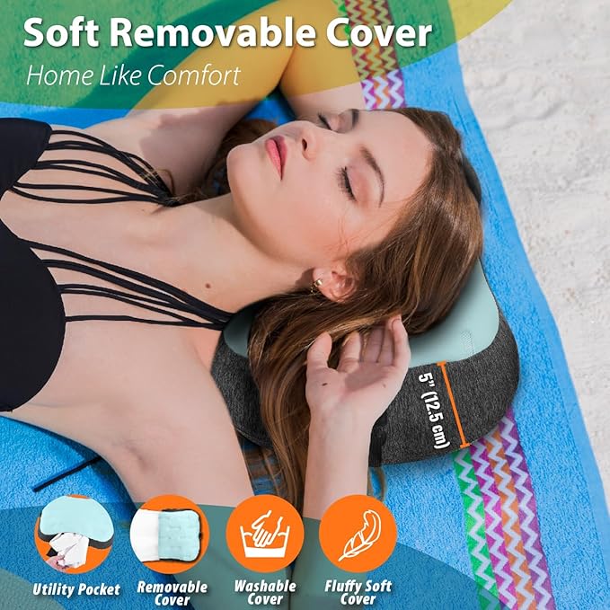 TREKOLOGY Inflatable Beach Pillow – Portable Beach Chair Pillow with Adjustable Strap & Sand Bag for Stability, Washable Cover, and Ergonomic Support for Ultimate Relaxation ALUFT Mint
