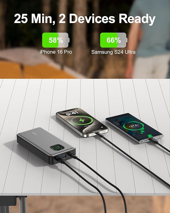 65W Power Bank, 25000mAh Laptop Portable Charger, 100W Total Fast Charging Battery Pack for MacBook Dell XPS iPad Tablet Steam Deck iPhone 17-12 Series Samsung Switch and More Silver