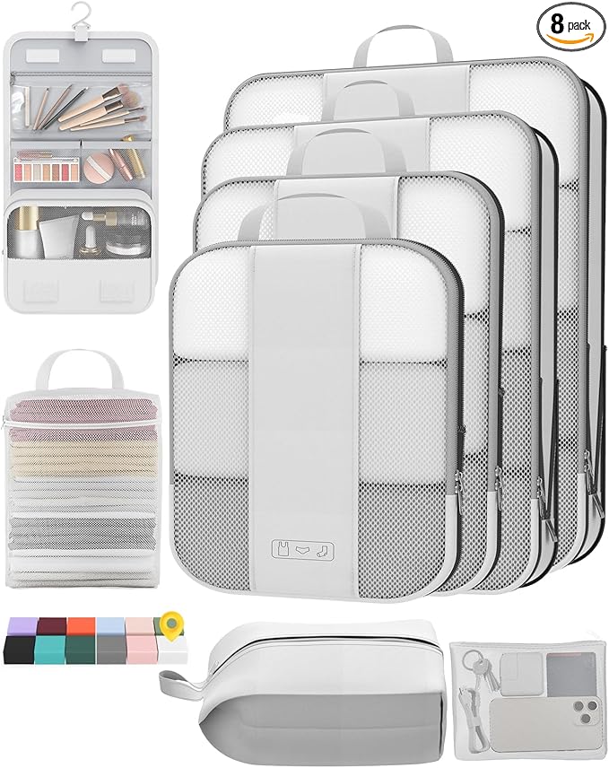 8 Set Compression Packing Cubes for Travel Essentials,Compressible Expandable Packing Cubes for Suitcase,OlarHike Luggage Organizer Bags for Travel,Handy Helper for Organizing Clothes(White)
