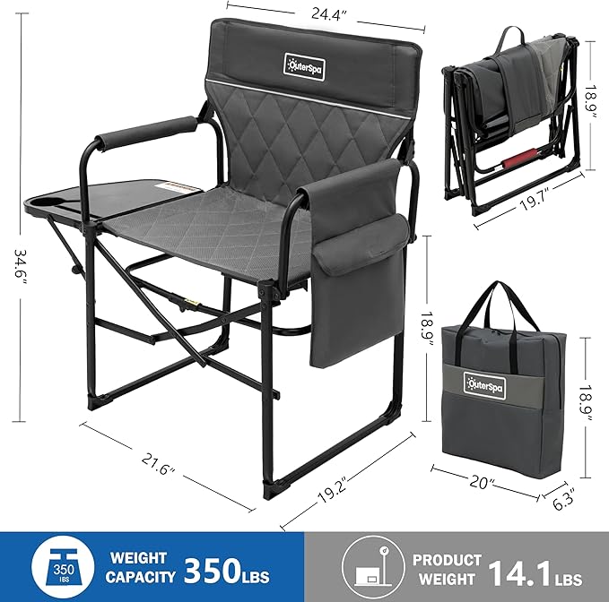 Oversized Directors Chairs Heavy Duty Folding Outdoor Chairs with Detachable Side Pocket and Adjustable Side Table for Outside,Lawn,Fishing, Folding Camping Chair up to 350Lbs Capacity (Grey)