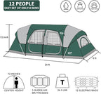 CAMPROS CP Tent 12-Person-Camping-Tents,3 Room Family Tents,Waterproof Windproof Family Tent with Top Rainfly,6 Large Mesh Windows,Double Layer,Easy Set Up, Portable with Carry Bag-20' x 9' x 72"(H)