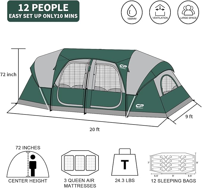 CAMPROS CP Tent 12-Person-Camping-Tents,3 Room Family Tents,Waterproof Windproof Family Tent with Top Rainfly,6 Large Mesh Windows,Double Layer,Easy Set Up, Portable with Carry Bag-20' x 9' x 72"(H)