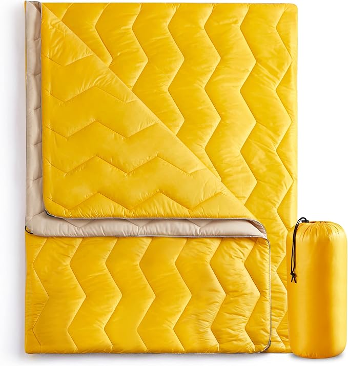 UNIKOME Lightweight Travel Blanket, Waterproof Warm Puffy Down Alternative Camping Blanket with Corner Loops, 75'52', Yellow