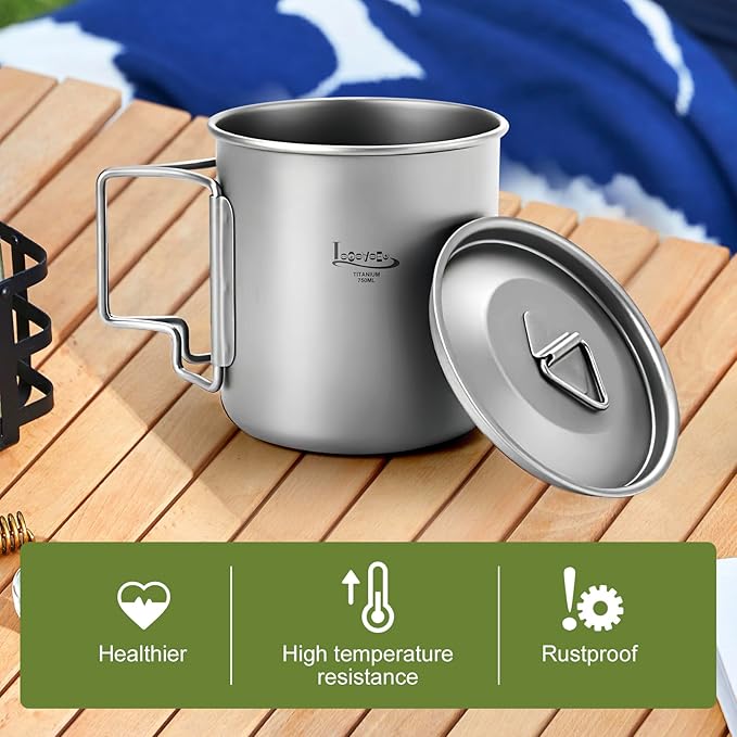 Titanium Pot with Lid, Lightweight Camping Pot with Foldable Handles, Portable Titanium Cooking Pot, Backpacking Pot Titanium Cookware with Carry Bag