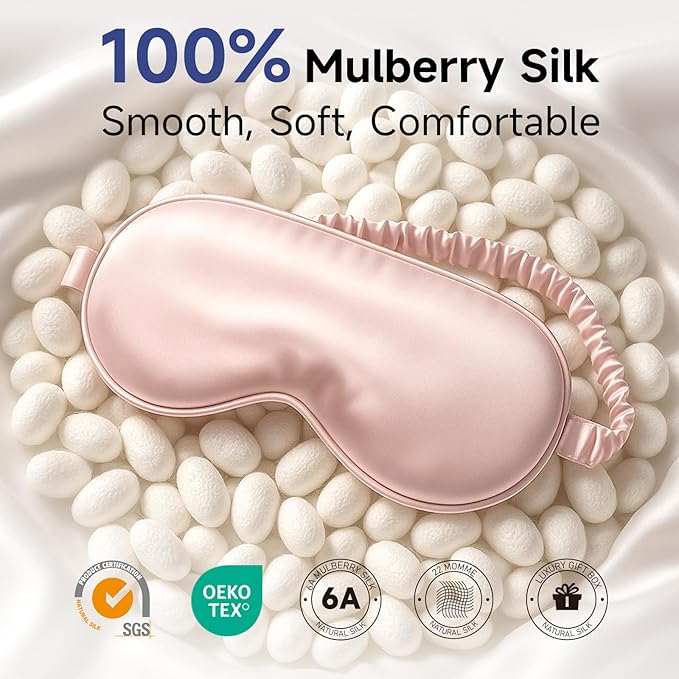 Umisleep 100% Pure Mulberry Silk Sleep Mask, 22 Momme 6A Soft & Smooth Fibers, Breathable Eye Mask for Women Men, Better Light Blocking Sleeping Mask with Travel Pouch, Elastic Strap Blindfold, Pink