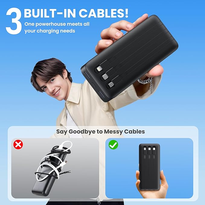 Portable Charger 50800mAh Power Bank with 3 Built in Cables,25W PD QC4.0 Fast Charging USB C Battery Pack,6 Outputs 2 Inputs LCD Display Portable Phone Charger for iPhone 16/15/14,Galaxy,Android etc