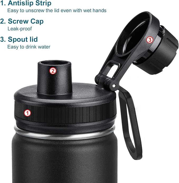 koodee Insulated Water Bottle, 32 oz Stainless Steel Double Wall Vacuum Wide Mouth Sport Bottle with Leakproof Spout Lid (Black)