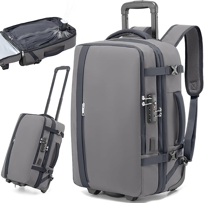 Fanwoli Vacuum Rolling Travel Backpack, Carry On Luggage with TSA Lock & Anti Theft Zipper, 70L Expandable Airback with Compression Pump, Waterproof Laptop Bag Ideal for Flight & Business