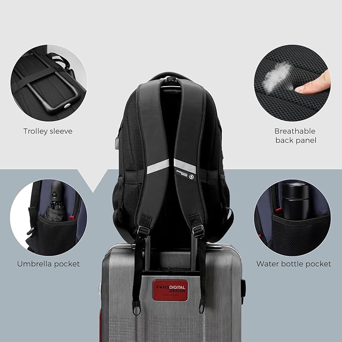 Swissdigital Design Laptop Backpack, Travel Backpack with USB Charging Port Fits 15.6 inches Computer, 31L College School Bookbag for Men, Blue/Black | SD803-12