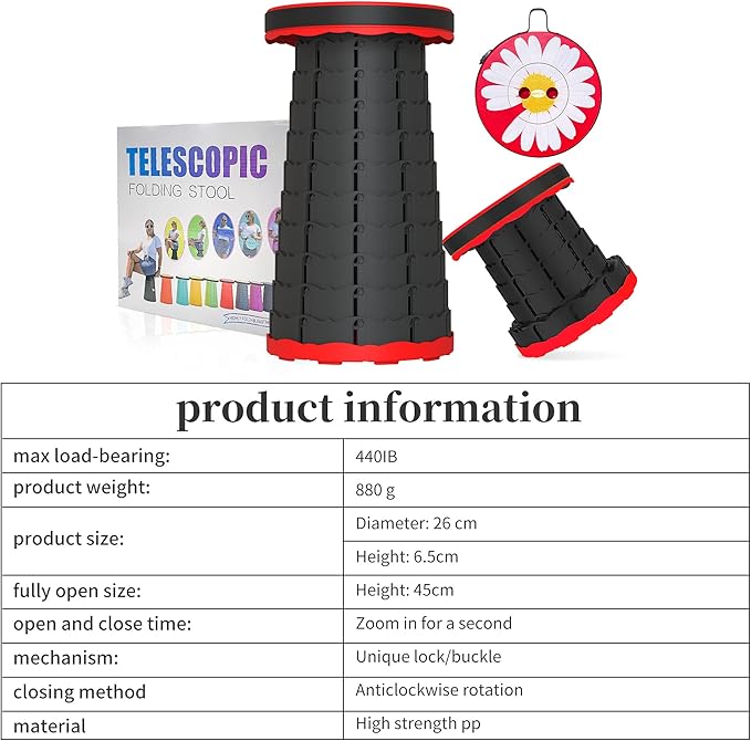 ALEVMOOM Upgraded Portable Collapsible Folding Stool with Cushion Retractable Telescoping Stool for Adults Sturdy Capacity 550lbs Camping Chair for Outdoor Hiking Garden BBQ with Bag
