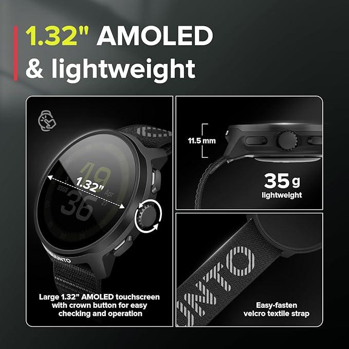 SUUNTO Run Sports Watch, 1.32" AMOLED Touchscreen w/Crown Button, 12D Battery Life, Dualband Accurate GPS, Wrist Heart-Rate & Sleep Health Tracking, 35g Lightweight & 4GB Offline Music, All Black