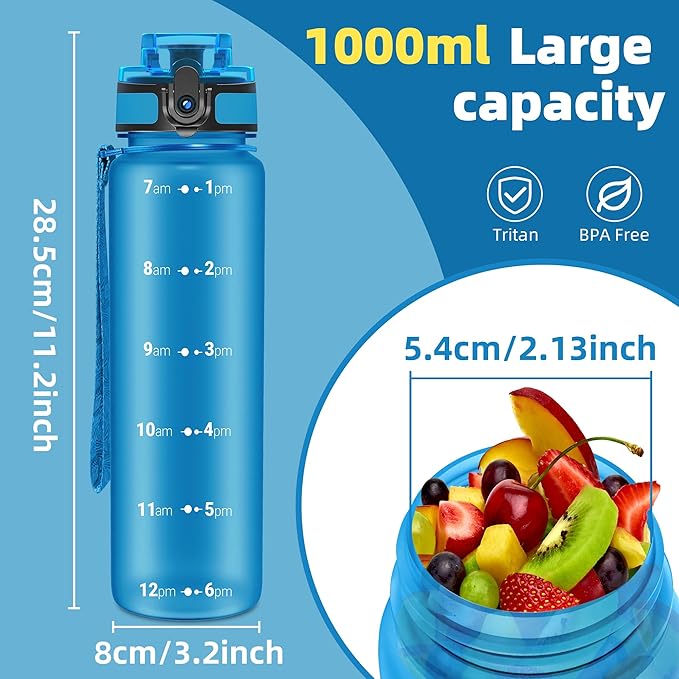 OLDLEY 32 oz Motivational Water Bottle with Time Marker, Sports Water Bottle With Strap, Leakproof & BPA Free Large Water Bottle for School, Gym, Travel, Outdoor, Tritan, Blue