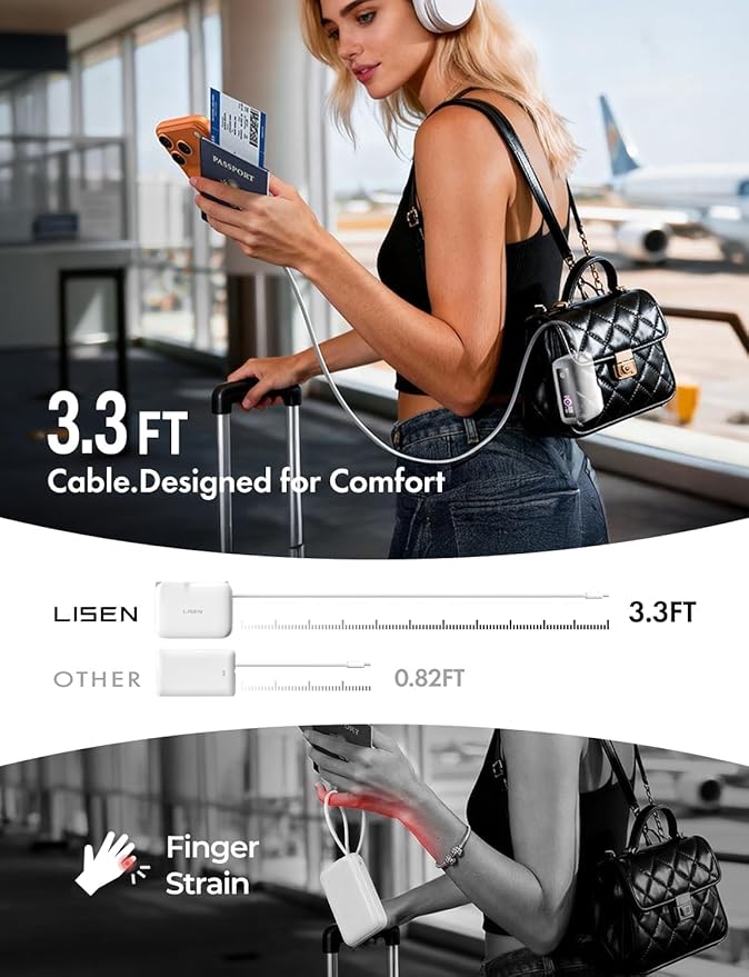 LISEN [Practical＆Lazy Design] 3 in 1 Travel Essentials Power Bank，7000mAh 35W Fast Charging with Wall Plug and Build-in Cable for iPhone 17 16 15 Pro Max Plus,Samsung Galaxy,iPad,Android，Pearl White
