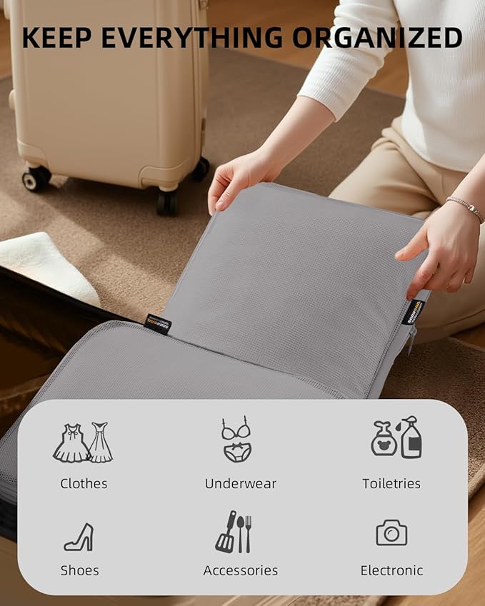 6 Set Compression Packing Cubes, Suitcase Storage Bags for Clothes and Travel Essentials (Silver Gray)