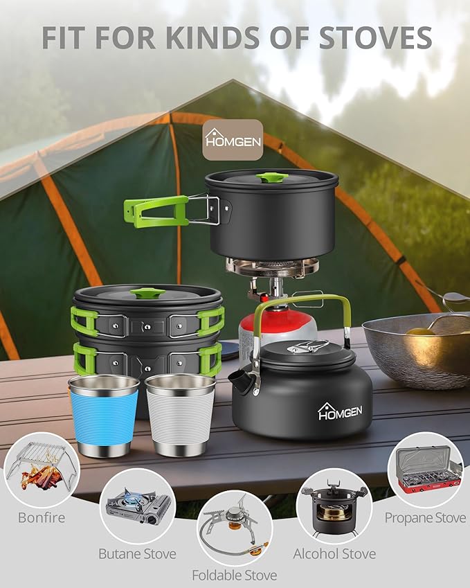HOMGEN 12-Pieces Ultralight Anodized Aluminum Camping Cookware Set for 2 People - Nesting Pot/Pan with Foldable Handles 800ml Insulated Teapot & Stainless Cups for Camping Hiking