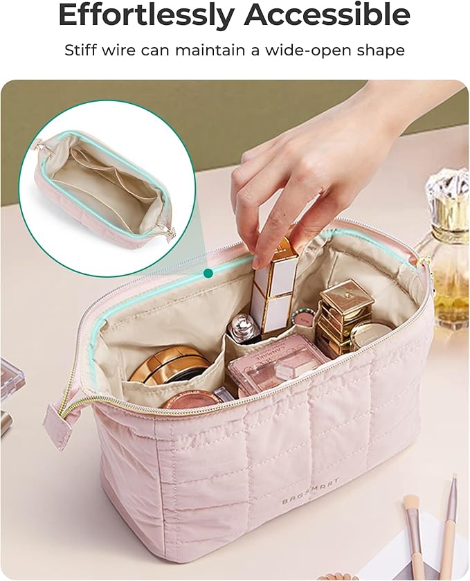 BAGSMART Makeup Bag Travel Toiletry Bag, Puffy Padded Make Up Bags for Women Makeup Organizer Case, Wide-open Pouch Purse Travel Essentials Toiletries Accessories Brushes, Chocolate