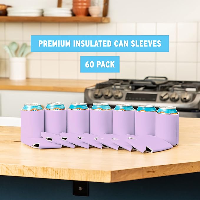 Blank Beer Can Cooler Sleeves (60-Pack) Soft Insulated Beer Can Coolies - HTV Friendly Blank Koolies in Bulk for Beer Cans & Bottles - Coolie Blanks for Vinyl Projects & Wedding Favors (Lavender)