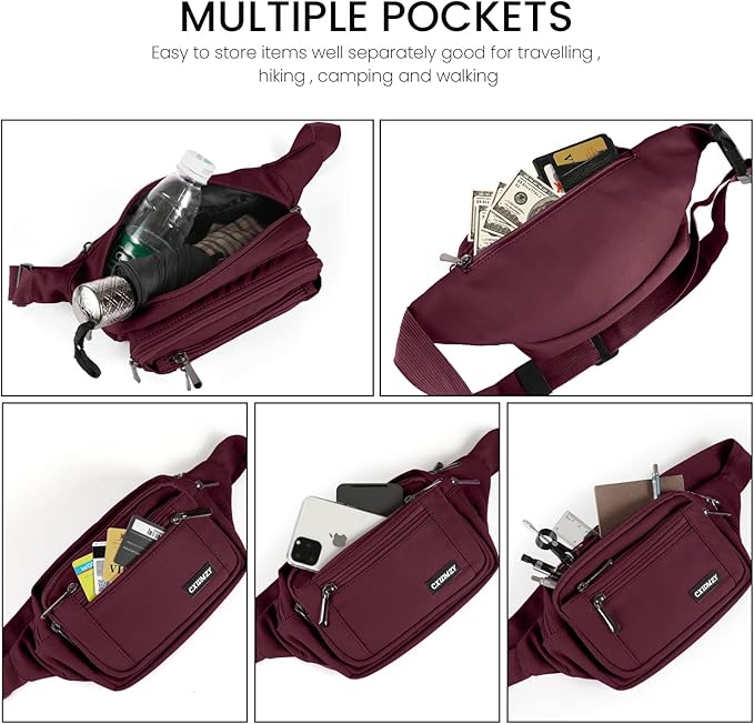CXWMZY Fanny Packs For Women & Men Waist Pack Hip Bum Bag with Multi-Pockets Large Capacity Waterproof Casual Bum Bag for Disney Traveling Casual Cycling Running Hiking (Wine Red)