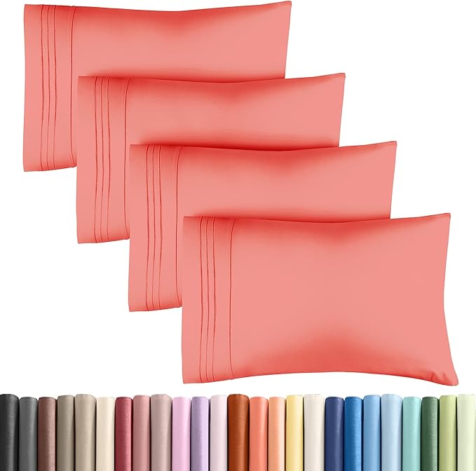 Pillowcases - Ultra Soft Hotel Quality Pillowcase Covers - Comfy, Cozy & Wrinkle Free - Shrinkage and Fade Resistant - Machine Washable Pillow Protectors - (King, Coral, 4 Piece Set)