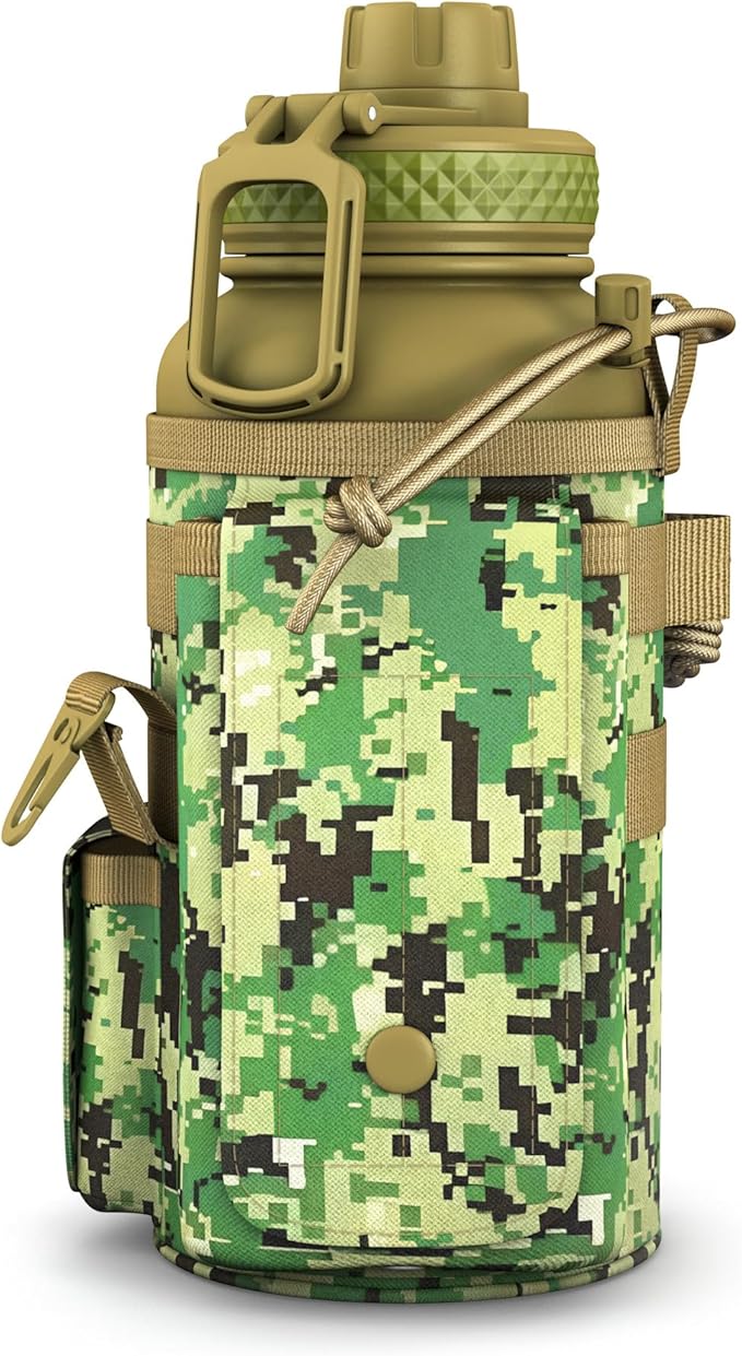 Combat Canteen - 32oz Insulated Water Bottle with Paracord Handle, Stainless Steel Water Jug with Rugged Pockets for Keys, Wallet & Phone - Green Digital Camo