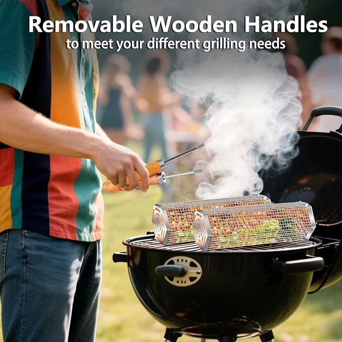 5PCS Grill Baskets For Outdoor Grill,Upgrade Buckle Rolling Nesting Grill Baskets,BBQ Accessories Tools Set With Brush,Tongs For Vegetables Camping,Birthday Gifts For Men Dad Husband,Fathers Day