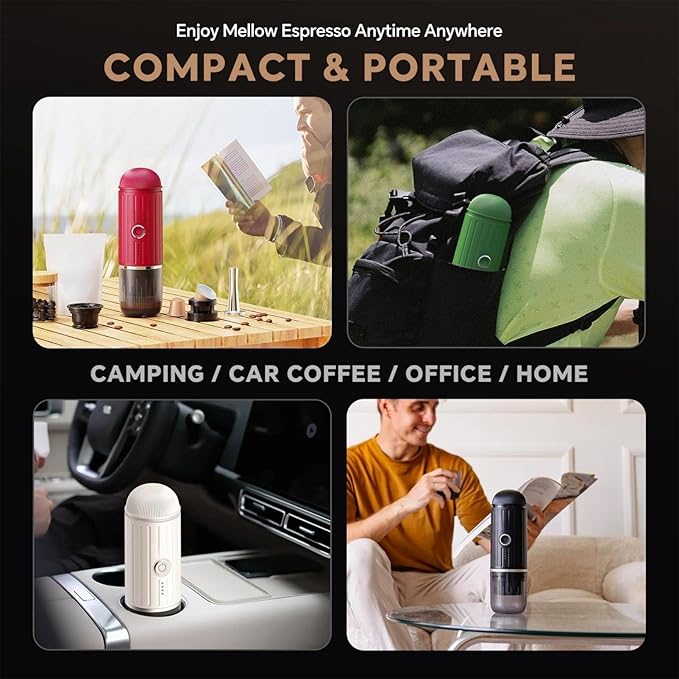 Portable Electric Espresso Machine Self-heating with USB-C, 12V 7800mAh Long battery life Travel Coffee Maker for Camping Hiking Office Car Compatible with NS Capsules & Ground Coffee