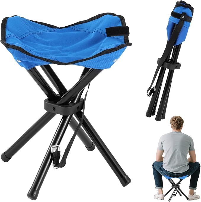 Portable Folding Camping Stool, Travel Fishing Chair Quad Frame Camping Chair Maximum Weight 270 lbs Lightweight Outdoor Folding Garden Chair for Hunting, Hiking, Party, Beach and Painting (Blue)