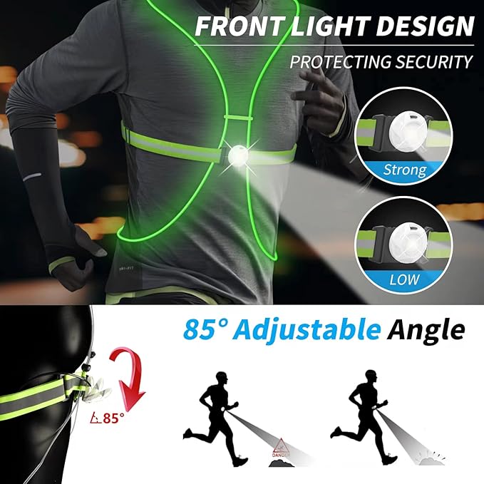 LED Reflective Running Vest with Front Light,Running Lights for Runners,Reflective Running Gear for Men/Women Running,Cycling or Walking, High Visibility Warning LED Lights