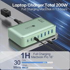 8-Port Multiple Charger Station 200W with Flat Plug, Braided Power Cord, and On/Off Switch- USB Charging Hub for iPhone, iPad, MacBook and More- 65W C Port Power Adapter for Laptops