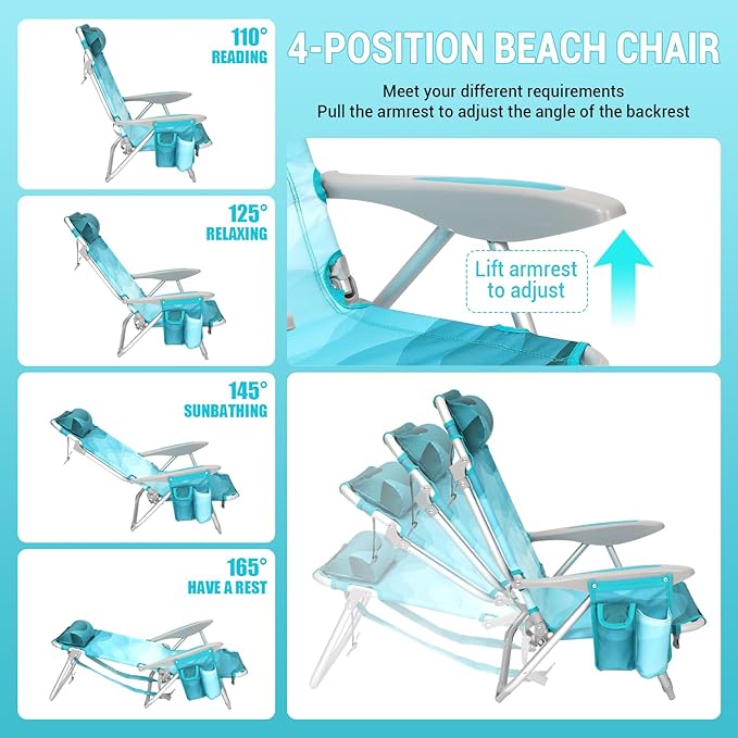 #WEJOY Folding Beach Chair for Adults, 4-Position Aluminum Lightweight Beach Chair, Low Sands Chairs with Shoulder Strap, Cup Holder and Padded Headrest, Supports 265lbs for Lawn