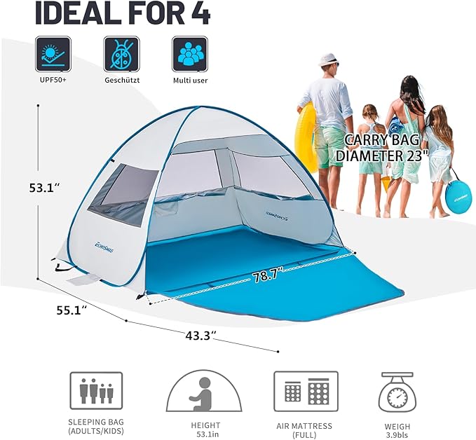 Pop Up Beach Tent for 4 Person with UPF 50+ Protection，Automatic Easy Setup Waterproof Beach Shade，Lightweight and Portable Beach Tent Sun Shelter - Light Blue