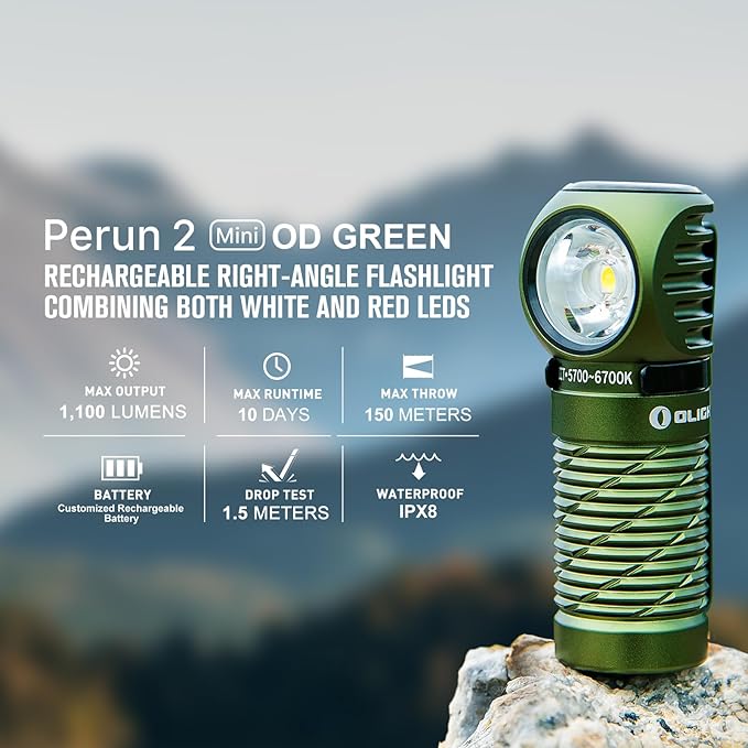 OLIGHT Perun 2 Mini Headlamp 1100 Lumens LED Head Flashlight, Rechargeable Headlight with Red Light Option, Great for Working, Hiking, Camping and Climbing (OD Green Cool Whtie Light: 5700~6700K)