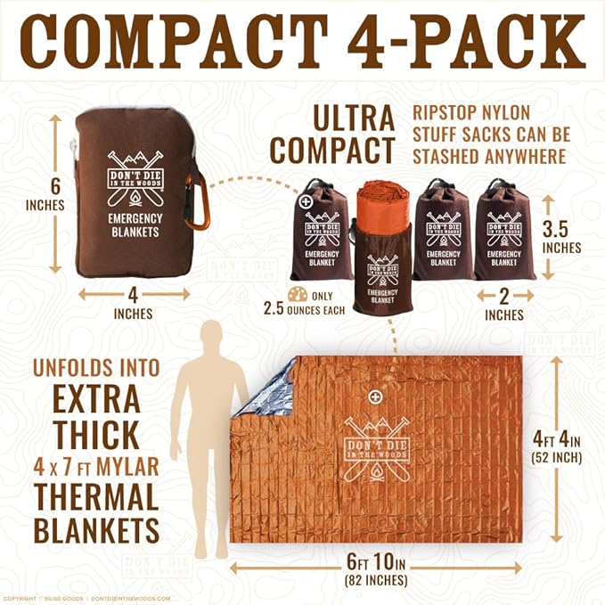 World’s Toughest Emergency Blankets [4-Pack] Extra-Thick Thermal Mylar Foil Space Blanket | Waterproof Ultralight Outdoor Survival Gear For Hiking, Camping, Running, Emergency, First Aid Kits [Orange]