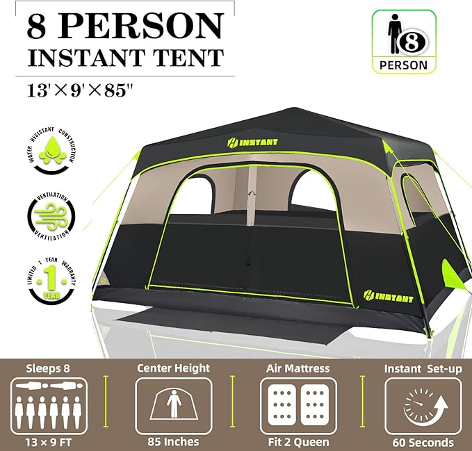 4/6/8 Person Instant Tent, Waterproof Pop Up Tents for Camping with Rainfly, 60 Seconds Easy Setup, Automatic Cabin Tent for Family Camping with Expandable Carry Bag & Upgraded Ventilation