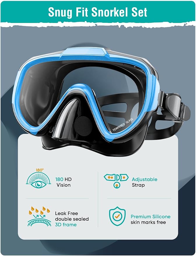 Snorkel Set Adults Snorkeling Gear Anti-Fog Panoramic View Swim Mask Dry Top Snorkel Kit with Carry Bag for Snorkeling Scuba Diving Swimming Travel