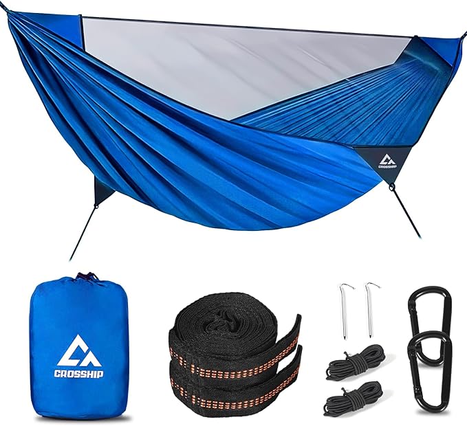 Camping Hammock with Mosquito Net, 2 Person Hammock Bug Net, Portable, Parachute Nylon for Outdoor, Camping, Hiking, Backpacking, Backyard, Beach, Travel (Hold Up to 500lbs)(Blue)