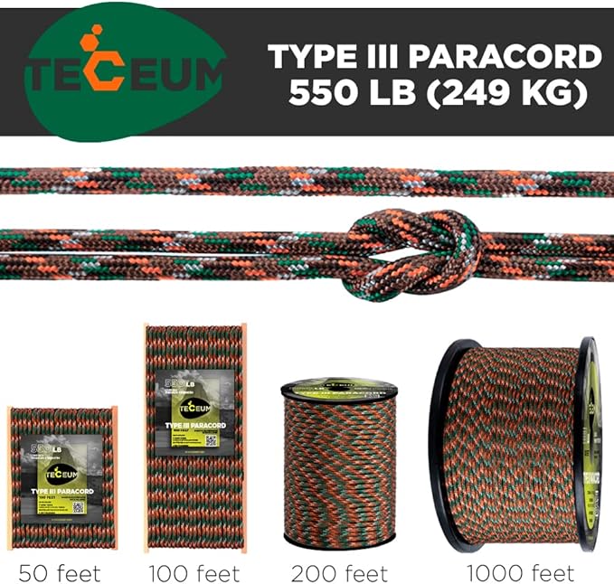 TECEUM 5/32" Paracord Rope 1000 – 1000ft / 200ft / 100ft / 50ft – Tactical Parachute Cord 4mm – 45+ Colors – Nylon String for Survival & Camping Gear – Stripe Cord for Survival – Utility Rope