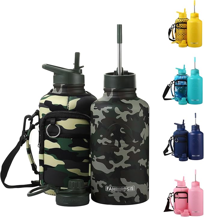 64 Oz Insulated Water Bottle with Strap Stainless Steel Sports Water Bottle with 3 Lids (Straw, Chug and Flip Lid) Leak Proof Metal Half Gallon Jug for Men & Women - Camo