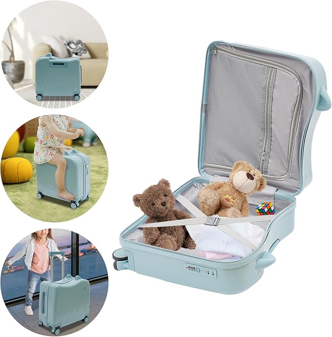 18-Inch Kids Ride-On Suitcase - Cute Lightweight Trolley Luggage with 4 Silent Spinner Wheels & Lock for Travel - Perfect for Ages 3-6 (Sky Blue)