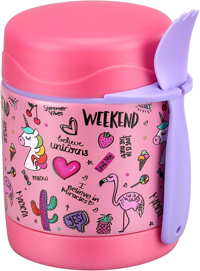 10oz Soup Thermo for Hot Food Kids Insulated Food Jar,Thermo Hot Food Lunch Container, Width Mouth Stainless Steel Lunch Box for Kids with Spoon (Pink-flamingo)