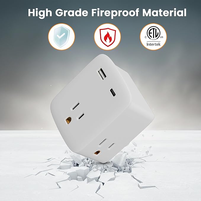 Multi Plug Outlet Extender, 3 AC Outlets with 2 USB Charging Ports (1 USB-C/1 USB-A), 3-Sided Power Strip with Lip, Small Wall Tap Plug Splitter for Cruise Dorm Essentials Home Office, ETL Listed