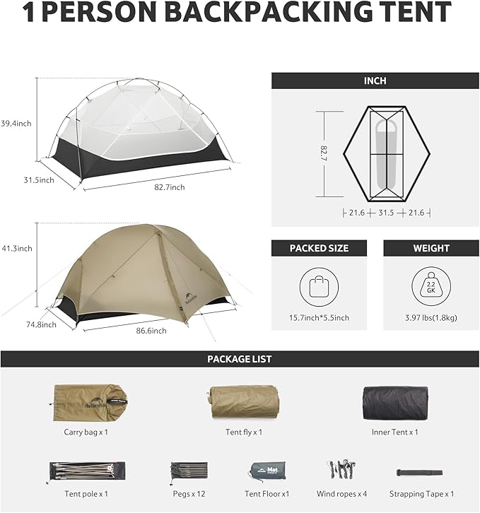 Naturehike Mongar UL 1-2 Person Backpacking Tent,15D Nylon Waterproof Ultralight One Person Two Person Tent with Footprint