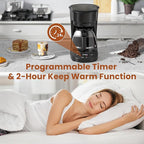 WAA 5 Cup Drip Coffee Maker, Portable Coffee Machine with Programmable Timer, Coffee Pots with Reusable Filter, Auto Shut-Off and Keep Warm Plate, Delay Brew, 25oz Water Tank, Black