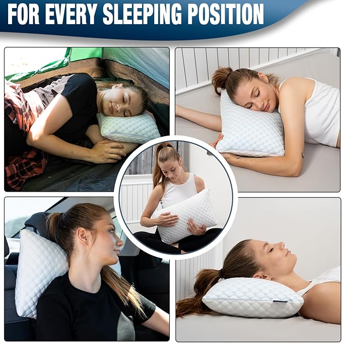 alkamto Cooling Shredded Memory Foam Pillow for Travel and Camping – Adjustable Gel for Personalized Support – Double-Sided Ice Silk & Soft Rayon – Lightweight, Compressible (White) (Travel)