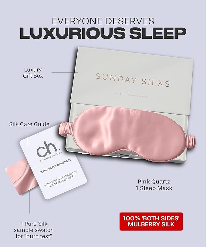 SUNDAYSILKS™ Exclusive Mulberry Silk Sleep Mask | Soft Eye Covers, Blackout Sleeping Mask for Women & Men | Silk Eye Mask for Sleep, Travel, and Relaxation | Antifaz para Dormir [Pink Quartz]