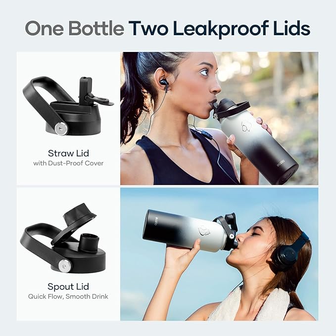 BUZIO Insulated Water Bottle with Straw Lid and Flex Cap, 40oz Modern Double Vacuum Stainless Steel Water Flask, Cold for 48 Hrs Hot for 24 Hrs Simple Thermo Canteen Mug, White and Black